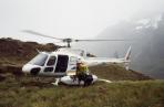 Safety shuttle: A chopper takes the party past avalanche danger at Harris Saddle.