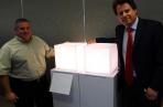 teve Landau, left, and Frank Harder, with a Philips LED light at Philips Lumileds in San Jose.
